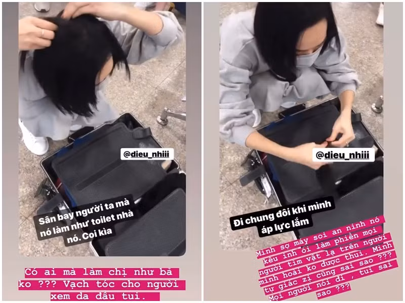 Diệu Nhi còn khiến fan cười té ghế vì khoảnh khắc phải cởi tóc giả khi vượt qua cổng an ninh tại sân bay. Ảnh: Yan