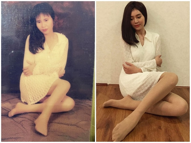 Nữ diễn viên khoe ảnh bắt chước mẹ ngày trẻ. “Hồi xưa mẹ Ngọc đã ngầu chất lắm. Mẹ để tóc mái mà con gái không dám cắt nên đành vẽ lên, nhưng nhan sắc không bằng mẹ một góc”, Lan Ngọc chia sẻ. Ảnh: FBNV