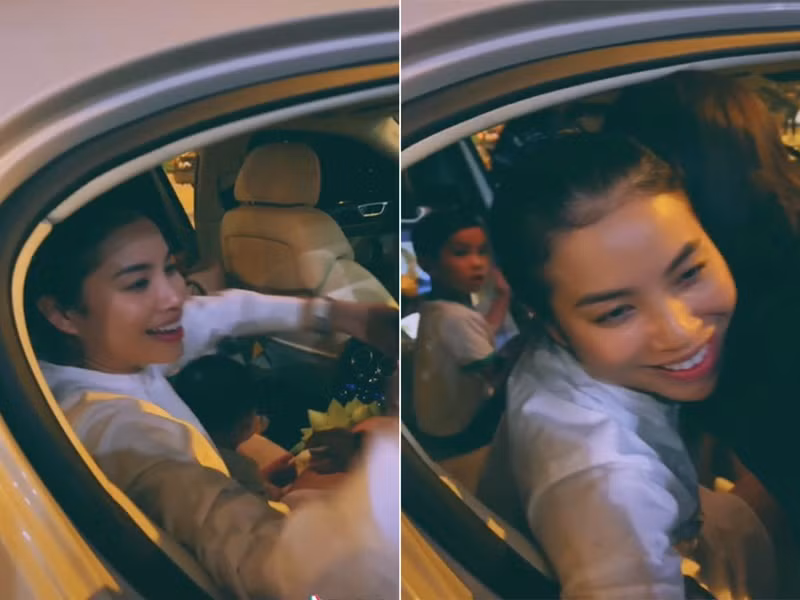 Tại sân bay, Phạm Hương vui vẻ ôm chầm người hâm mộ. Cách đây không lâu, bà mẹ hai con úp mở tổ chức buổi họp fan khi về nước. Ảnh: Yeah1