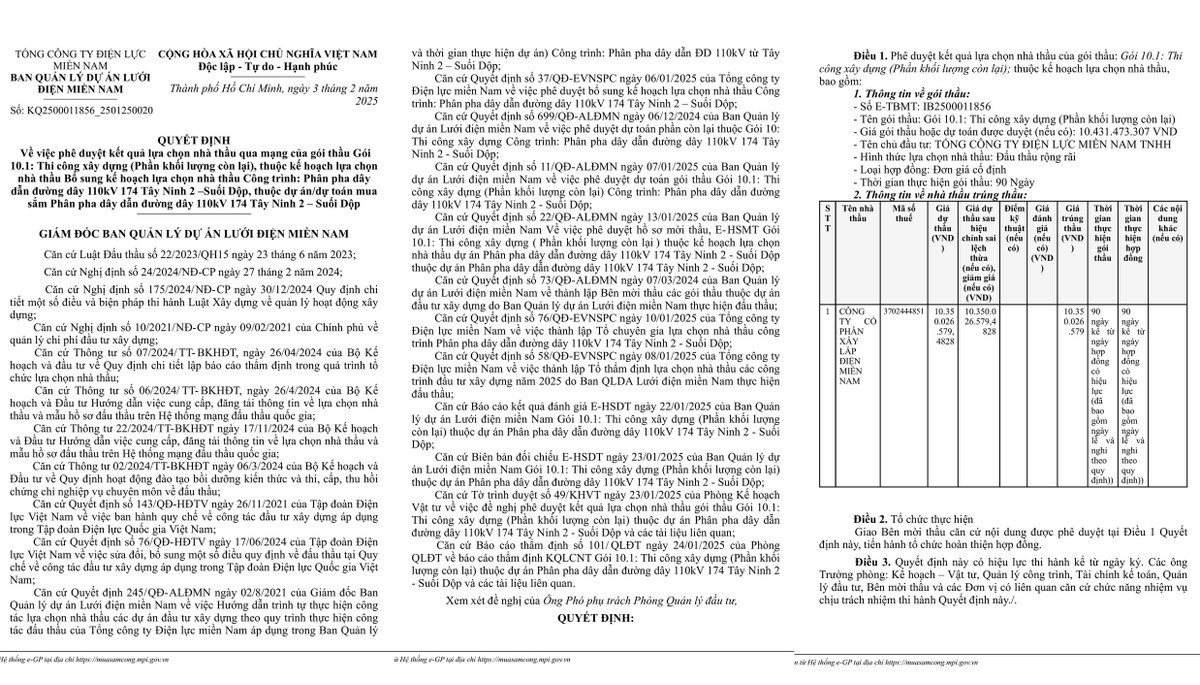 Cty xay lap dien mien Nam trung goi thi cong xay dung hon 10 ty