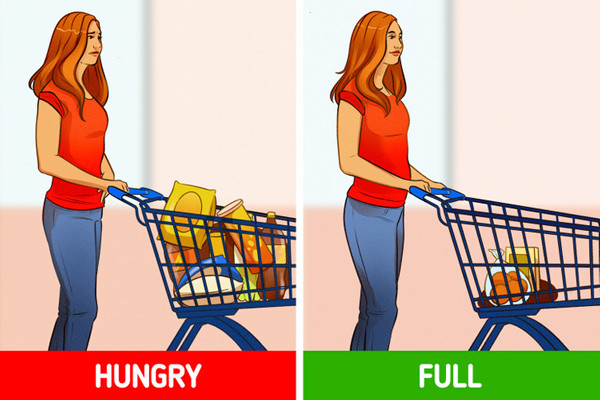 Mua sắm khi ăn no. Nghiên cứu chỉ ra, mua sắm thực phẩm sau bữa ăn nhẹ hoặc bữa chính có thể khiến bạn chọn thực phẩm ít calo hơn. Trong khi đó, mua sắm khi đói khiến bạn tiêu nhiều tiền hơn, thậm chí cho cả những thứ không liên quan thực phẩm như phong bì.