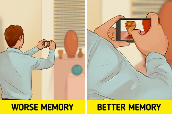 Chụp ảnh chi tiết. Kết quả nghiên cứu chỉ ra, chụp ảnh tổng thể không giúp bạn ghi nhớ chúng. Ngược lại, chụp ảnh tổng thể dễ khiến bạn quên các đối tượng, chi tiết và vị trí của chúng. Thay vào đó, bạn nên phóng to, chụp ảnh thật chi tiết để ghi nhớ tốt hơn.