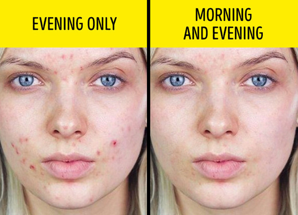 Chỉ rửa mặt buổi tối. Sữa rửa mặt rất cần thiết trong nỗ lực chăm sóc da. Nhiều người nhầm tưởng sữa rửa mặt chỉ cần dùng buổi tối, sau ngày dài lao động. Thực tế, sữa rửa mặt nên dùng cả buổi sáng khi vừa thức dậy. Các thành phần trong chúng sẽ loại bỏ bã nhờn, tế bào da chết, bụi bẩn và mồ hôi trên da vào ban đêm. Lưu ý, bạn nên hạn chế tối đa sử dụng sản phẩm tẩy tế bào chết, sữa rửa mặt có axit vì vậy chúng sẽ khiến làn da ngày càng yếu.