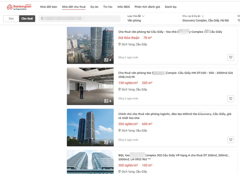 Dù vậy trên các diễn đàn, trang mua bán bất động sản vẫn rao giá cho thuê mặt bằng bên trong TTTM Discovery Complex giao động khoảng khoảng 150 nghìn đồng đến 300 nghìn đồng/m2/tháng.