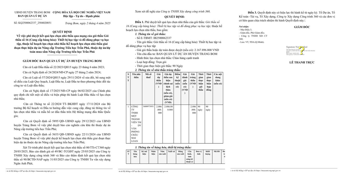 Dong Nai: Truong tieu hoc Tran Phu da tim duoc nha thau cung cap hang hoa