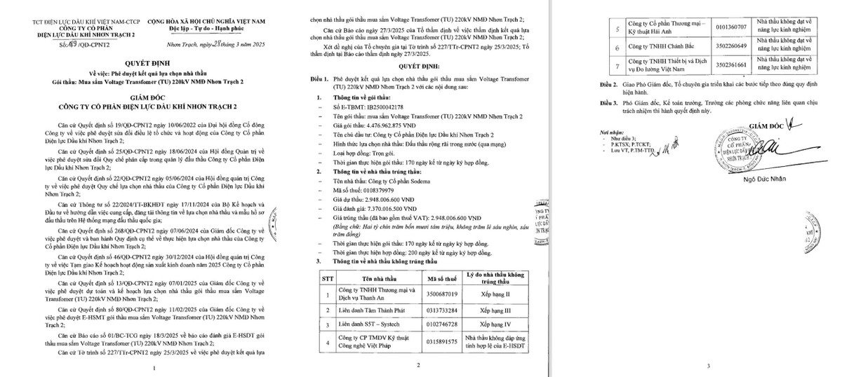 Dong Nai: Ai thang thau goi mua sam Voltage Transfomer 220kV NMD Nhon Trach 2?