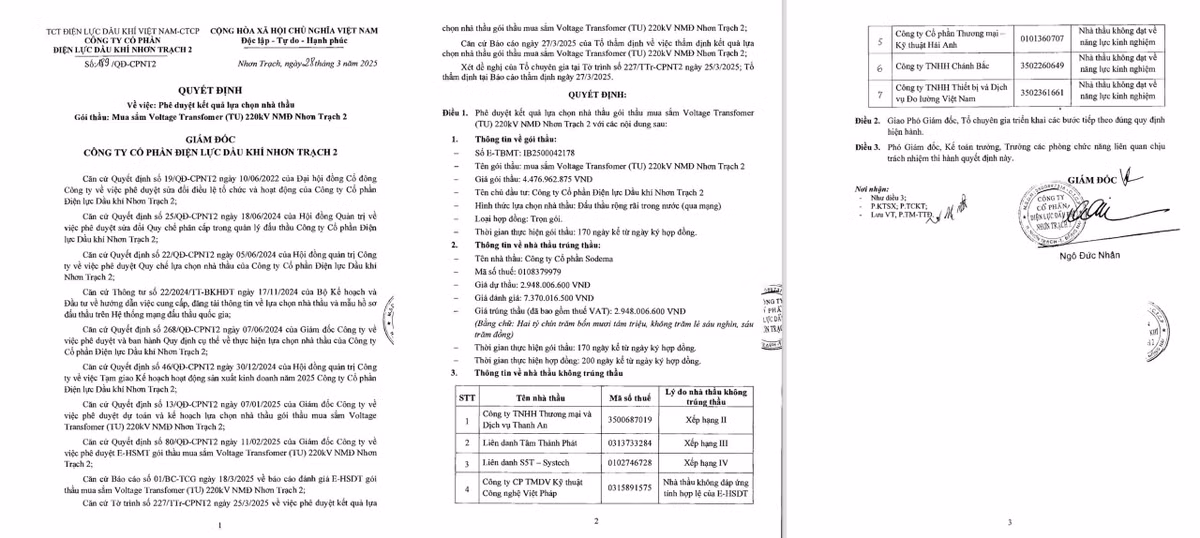 Dong Nai: Ai thang thau goi mua sam Voltage Transfomer 220kV NMD Nhon Trach 2?