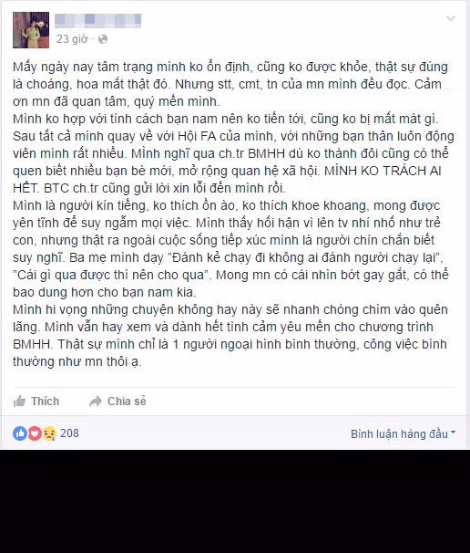 Minh Nguyên mạo danh công an nhưng mục đích của anh không quá xấu xa, nham hiểm và cũng đã rất thành khẩn sau đó nên theo Hoà Minh, cô nghĩ mọi người nên bao dung hơn với chàng trai này. Cá nhân Hoà Minh khẳng định cũng không oán trách gì người mạo danh công an này. Ngoài ra, cô gái trẻ xinh đẹp còn bộc bạch bản thân cô là người khá kín tiếng, không thích ồn ào, không thích khoe khoang nên mong mọi người để cho mình khoảng thời gian yên tĩnh để suy ngẫm, sau đó để mọi chuyện trôi dần vào quên lãng.