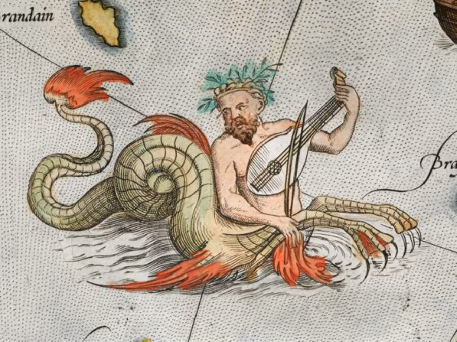  Sinh vật thần thoại ichthyocentaur là quái vật lai giữa người, cá và ngựa. Nó được vẽ trong một tấm bản đồ Scandinavia năm 1573.