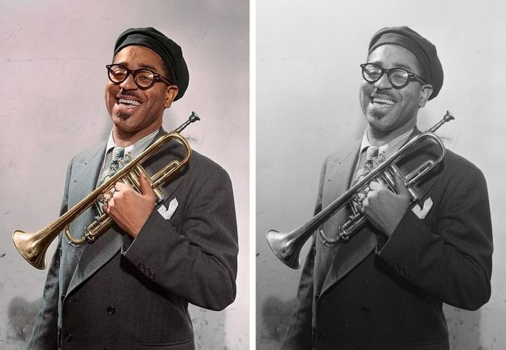 Bức ảnh đen trắng chụp nghệ sĩ Dizzy Gillespie ở New York, Mỹ năm 1947 trở nên thú vị khi có thêm những màu sắc tươi sáng.