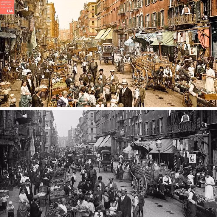 Khung cảnh náo nhiệt tại Mulberry Street, Manhattan, New York, Mỹ năm 1900. Sau khi "tô màu", bức ảnh đen trắng trở nên rực rỡ và ấn tượng.