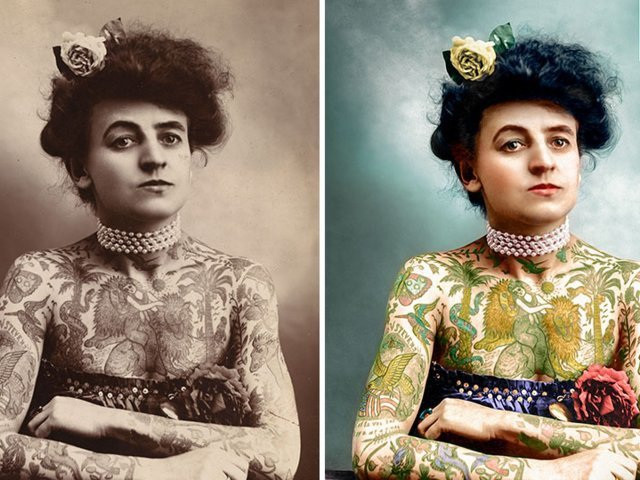 Maud Wagner là người phụ nữ đầu tiên theo đuổi nghệ thuật xăm mình tại Mỹ. Hai bức ảnh đặt cạnh nhau cho thấy sự so sánh trước và sau khi nghệ sĩ Mario Unger thực hiện quá trình “tô màu”.