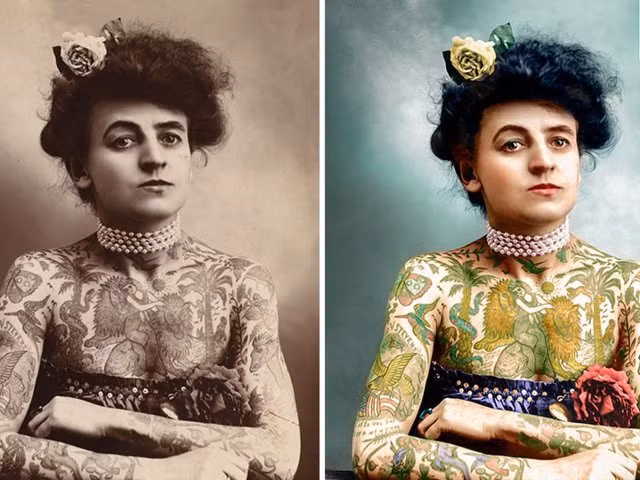 Maud Wagner là người phụ nữ đầu tiên theo đuổi nghệ thuật xăm mình tại Mỹ. Hai bức ảnh đặt cạnh nhau cho thấy sự so sánh trước và sau khi nghệ sĩ Mario Unger thực hiện quá trình “tô màu”.