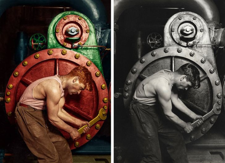 Bức ảnh năm 1920 chụp thợ máy làm việc tại một máy bơm hơi của Lewis Hine được "phù phép" với những màu sắc nổi bật và đẹp mắt.