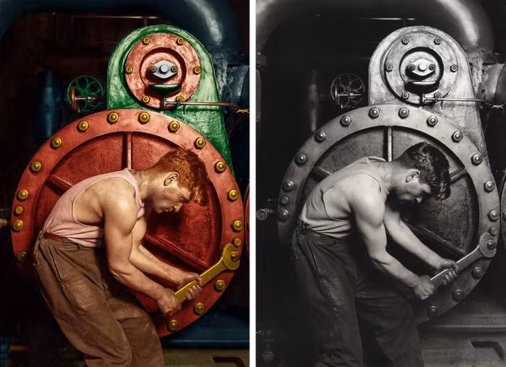 Bức ảnh năm 1920 chụp thợ máy làm việc tại một máy bơm hơi của Lewis Hine được "phù phép" với những màu sắc nổi bật và đẹp mắt.