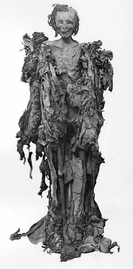 Nữ hoàng Anhapu được tìm thấy trong tư thế đeo một vòng hoa quanh cổ, mái tóc được tết cầu kỳ và cẩn thận.