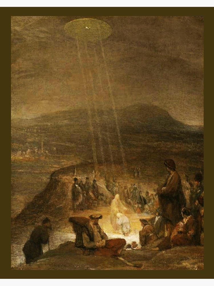 Bức tranh "Lễ rửa tội của Chúa" của họa sĩ Aert De Gelder gây chú ý với những tia sáng kỳ lạ chiếu xuống từ vật thể hình đĩa trên bầu trời.