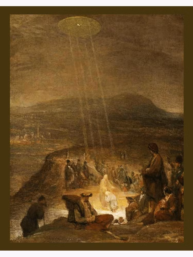 Bức tranh "Lễ rửa tội của Chúa" của họa sĩ Aert De Gelder gây chú ý với những tia sáng kỳ lạ chiếu xuống từ vật thể hình đĩa trên bầu trời.