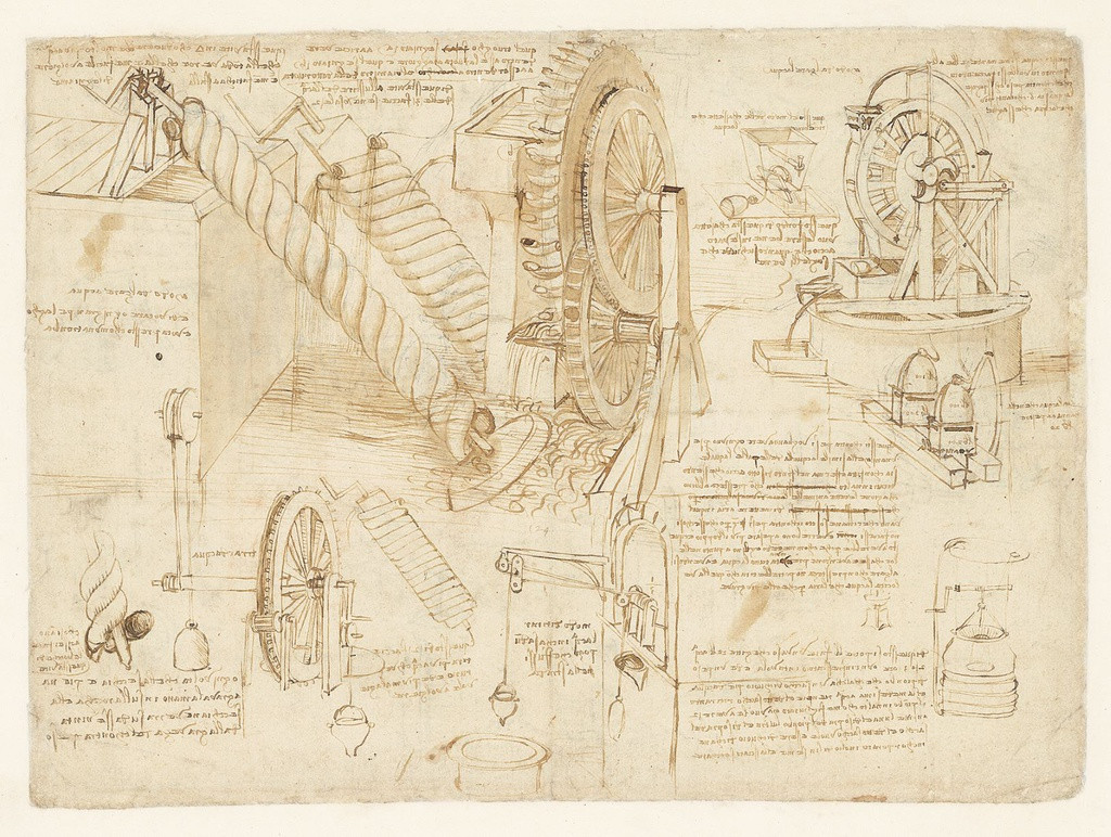 Leonardo đam mê các thiết bị cơ khí. Một số bản thiết kế ấn tượng như: một chiếc pa-lăng để nâng vật nặng lên, bánh răng hình xoắn ốc để cân bằng tốc độ của một lò xo, chiếc máy mài kim, hay là các thiết bị dùng sức nước đạt được chuyển động vĩnh cửu… Thông qua các nghiên cứu về máy móc, ông kết luận: “Tất cả chuyển động trong vũ trụ - các chi trên cơ thể và các khớp nối trên máy móc, máu trong huyết quản và nước nơi các dòng sông - tất cả đều vận hành theo những quy luật giống nhau".
