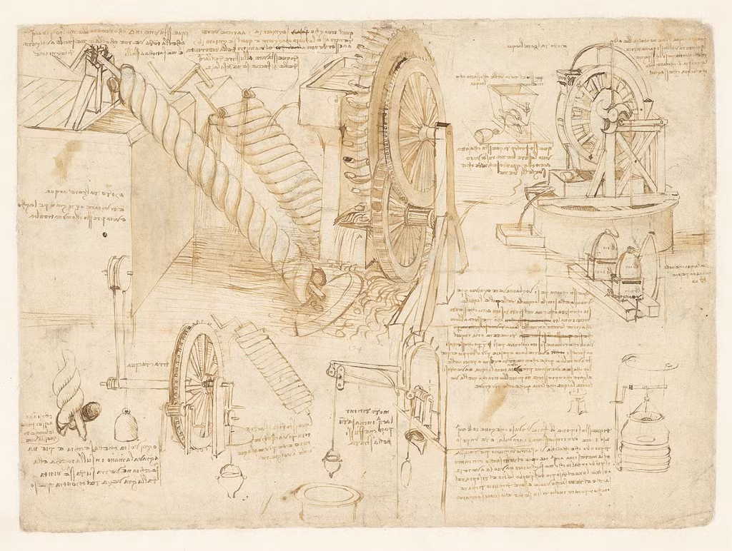 Leonardo đam mê các thiết bị cơ khí. Một số bản thiết kế ấn tượng như: một chiếc pa-lăng để nâng vật nặng lên, bánh răng hình xoắn ốc để cân bằng tốc độ của một lò xo, chiếc máy mài kim, hay là các thiết bị dùng sức nước đạt được chuyển động vĩnh cửu… Thông qua các nghiên cứu về máy móc, ông kết luận: “Tất cả chuyển động trong vũ trụ - các chi trên cơ thể và các khớp nối trên máy móc, máu trong huyết quản và nước nơi các dòng sông - tất cả đều vận hành theo những quy luật giống nhau".