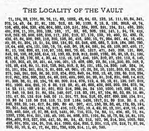 Kế đến, ông Thomas tạo ra 3 mật mã giúp tìm ra vị trí chính xác của kho báu mà ông đã cất giấu rồi truyền lại cho những người thừa kế của mình.