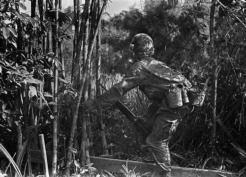 Một lính Mỹ cẩn thận di chuyển để quan sát tình hình, tránh rơi vào trận địa mai phục.