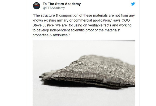 Nhóm của Tom DeLonge xác nhận đang nắm trong tay mẫu vật liệu kỳ lạ từ UFO của người ngoài hành tinh. Theo mô tả của nhóm, cấu trúc và thành phần của vật liệu này không giống bất cứ vật liệu nào có trong thương mại hoặc quân sự. Vì vậy, nhóm đang tiến hành kiểm tra thuộc tính của vật liệu được cho là UFO.