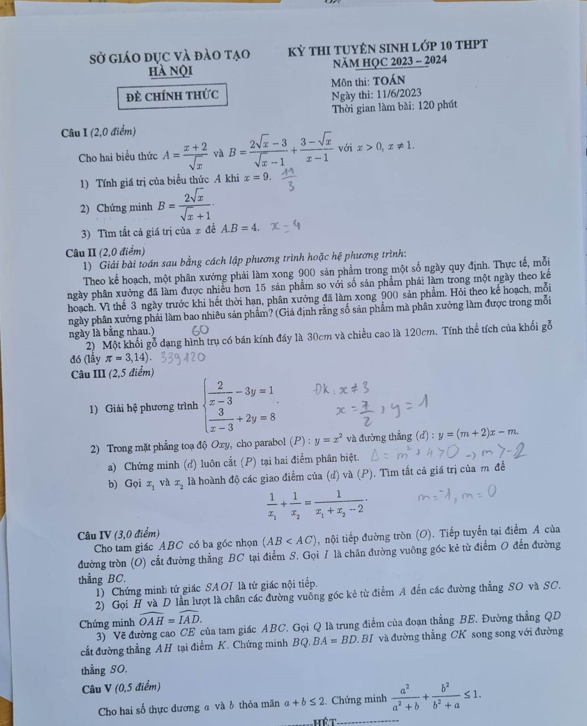 Đáp án môn Toán lớp 10 tại Hà Nội năm 2023 Dap an mon Toan lop 10 tai Ha Noi nam 2023