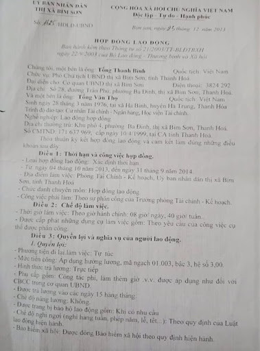 Ngày 23/12/2013, ông Tống Văn Thọ ký hợp đồng lao động 1 năm. Đến 11/9/2015, ông Thọ tiếp tục được bổ nhiệm lên vị trí Trưởng phòng Tài chính - Kế hoạch thị xã Bỉm Sơn.