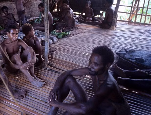 Các thành viên của bộ lạc tụ tập bên trong ngôi nhà trên không trung. Theo các nhà nghiên cứu, số lượng người thuộc bộ tộc Korowai vào khoảng 3.000. Trong những năm gần đây, một bộ phận thanh niên bộ tộc rời khỏi vùng đất họ sinh sống và tìm nơi ở mới. Ảnh: Daily Mail.