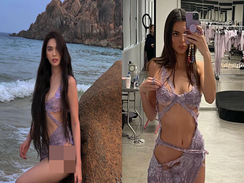 Chính nhà thiết kế đăng tải hình ảnh chiếc váy gốc và váy nhái của Ngọc Trinh đồng thời bày tỏ: “Nếu muốn mặc chiếc váy, hãy email cho tôi, hãy trả tiền, tôi sẽ làm cho bạn một cái. Các nhà thiết kế xin đừng đạo nhái nữa”. Ảnh: Yeah1