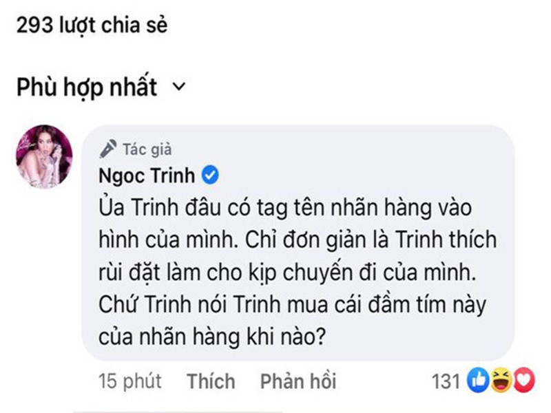 Vẫn bị cư dân mạng chỉ trích vì ồn ào váy nhái, Ngọc Trinh đáp trả: "Ủa Trinh đâu có tag nhãn hàng vào hình của mình. Chỉ đơn giản là Trinh thích rồi đặt làm cho kịp chuyến đi của mình. Chứ Trinh nói Trinh mua cái đầm tím này của nhãn hàng khi nào?". Ảnh: Yeah1