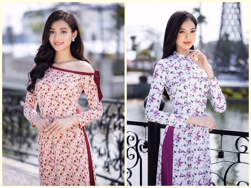 Ngô Nhật Huy đã lựa chọn những mẫu áo dài cách tân cùng với các họa tiết hoa nhí độc đáo, nhẹ nhàng.