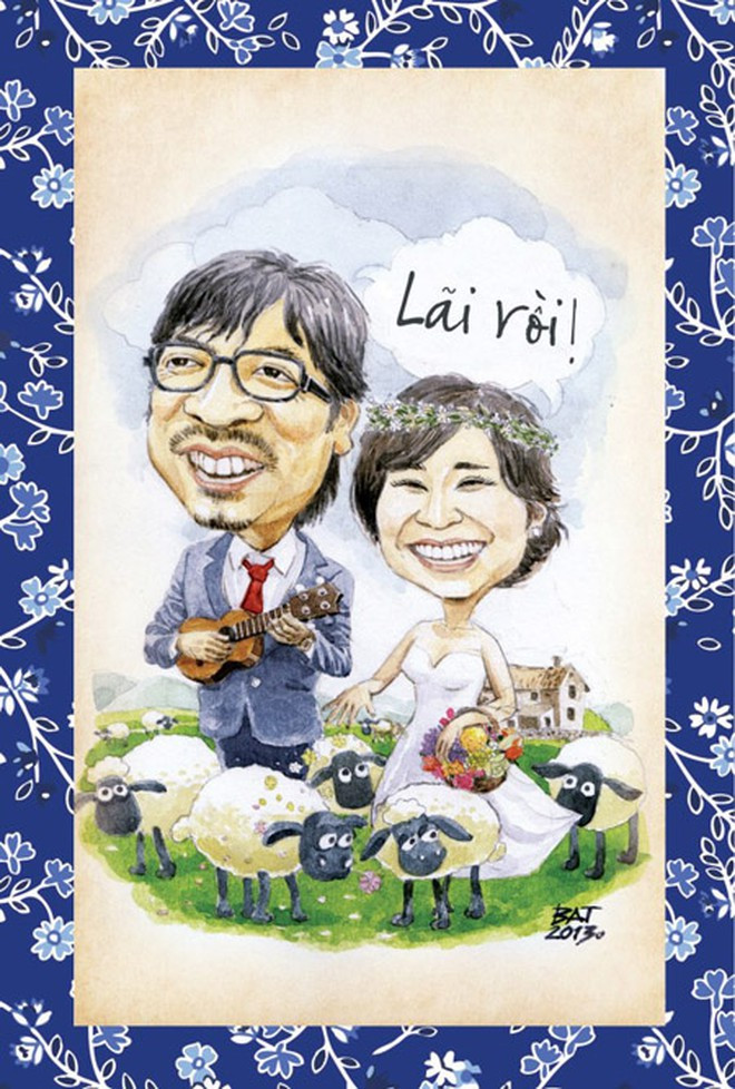 Thiệp cưới của "Giáo sư" Xoay - Đinh Tiến Dũng và MC Hồng Nga là hình ảnh cặp đôi được vẽ theo kiểu tranh biếm họa. Ảnh: An ninh thủ đô