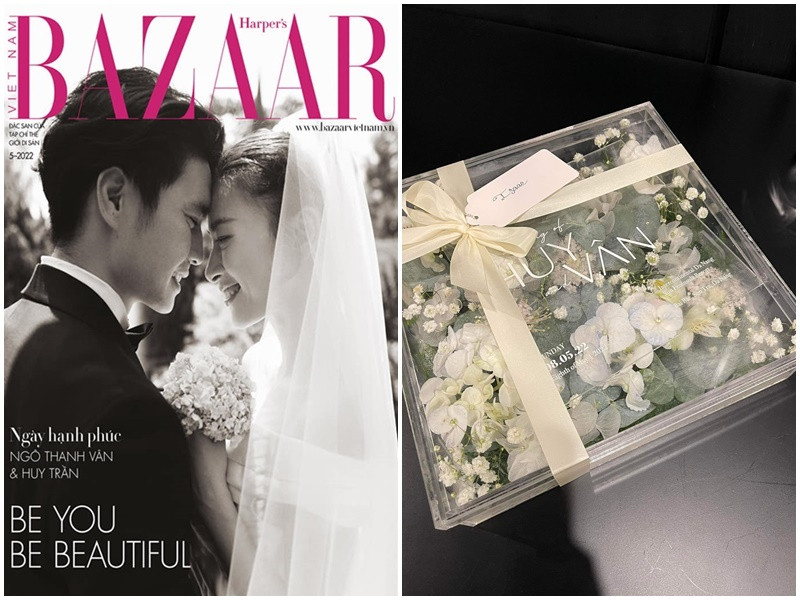 Thiệp cưới của Ngô Thanh Vân được đựng trong chiếc hộp vuông trong suốt đựng hoa tươi, có ruy băng cột nơ, gắn thẻ tên khách mời. Ảnh: FBNV