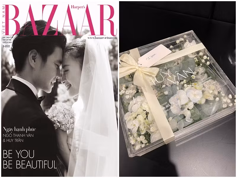 Thiệp cưới của Ngô Thanh Vân được đựng trong chiếc hộp vuông trong suốt đựng hoa tươi, có ruy băng cột nơ, gắn thẻ tên khách mời. Ảnh: FBNV
