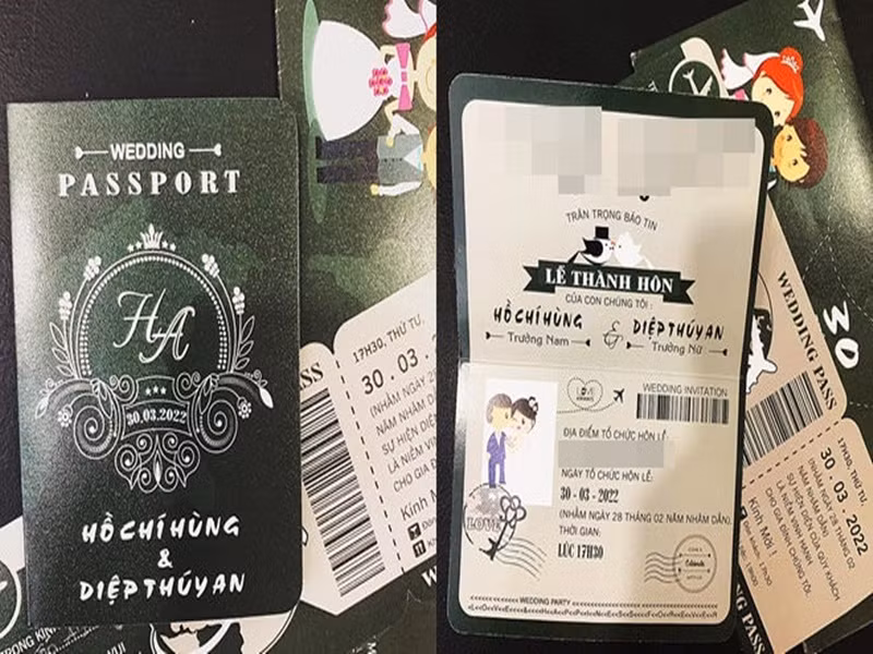 Hồ Gia Hùng (cựu thành viên HKT) và Diệp Thúy An chọn mẫu thiệp cưới bên ngoài giống với một cuốn hộ chiếu và mặt trong giống như vé lên máy bay. Ảnh: Yan