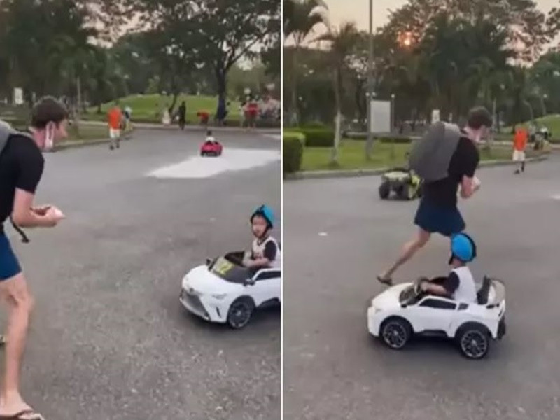 Ngoài ra, chồng cũ của Hoàng Oanh còn chia sẻ clip cùng con trai chơi ô tô điện ở công viên. Ảnh: Vietnamnet