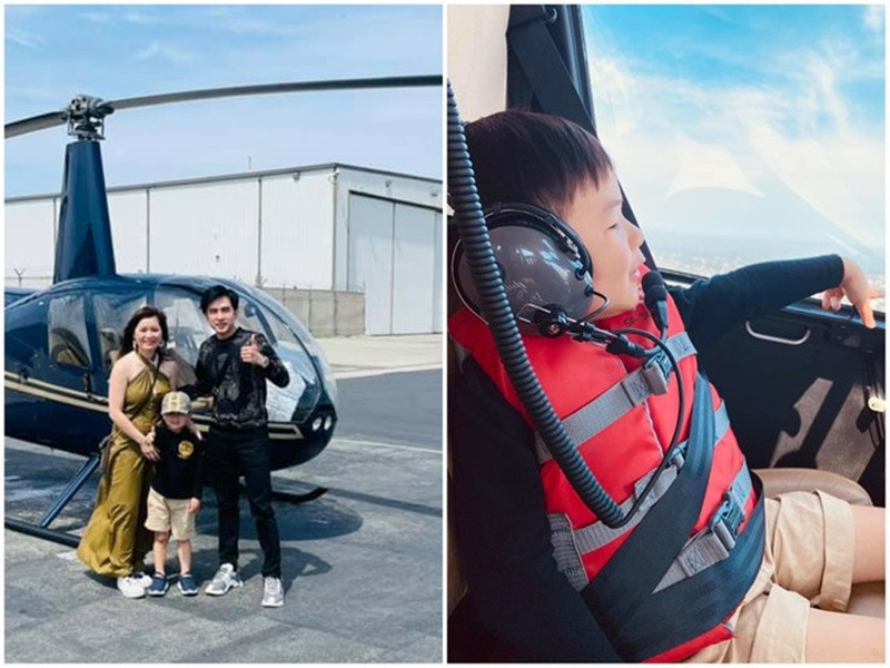 Đan Trường - Thủy Tiên từng thuê trực thăng trong chuyến du lịch để chiều lòng cậu quý tử. Ảnh: FBNV