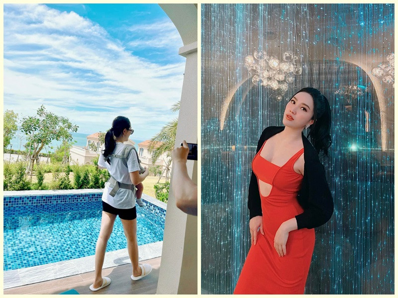 Bảo Thy cùng ông xã đại gia đưa con trai đi du lịch biển.