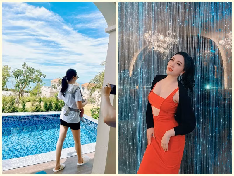 Bảo Thy cùng ông xã đại gia đưa con trai đi du lịch biển.