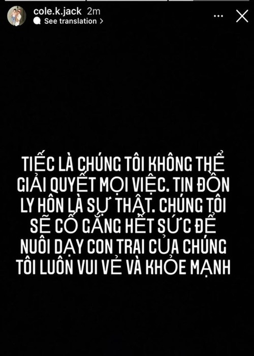 Tối ngày 11/4, Jack Cole - chồng MC Hoàng Oanh chia sẻ trên mạng xã hội: "Tiếc là chúng tôi không thể giải quyết mọi việc. Tin đồn ly hôn là sự thật. Chúng tôi sẽ cố gắng để nuôi dạy con trai luôn vui vẻ và khoẻ mạnh". Ảnh: VTC