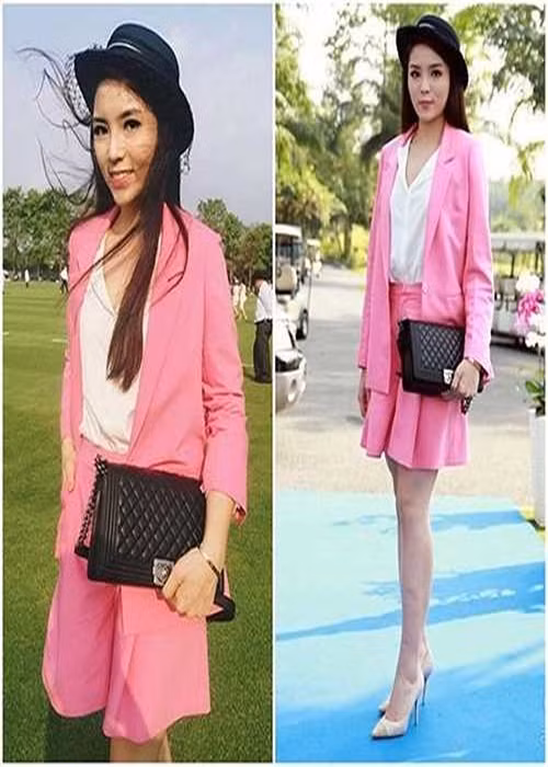 Diện set trang phục màu hồng, Kỳ Duyên trở nên "quê mùa" dù sử dụng túi hiệu. Ảnh: Khám phá