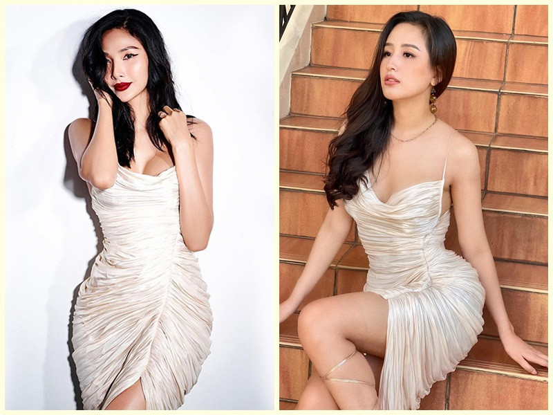 Mai Phương Thúy cũng chiếm ưu thế hơn khi mặc cùng chiếc váy hai dây, xẻ tà cao với Hoàng Thùy. Ảnh: Vietnamnet, FBNV