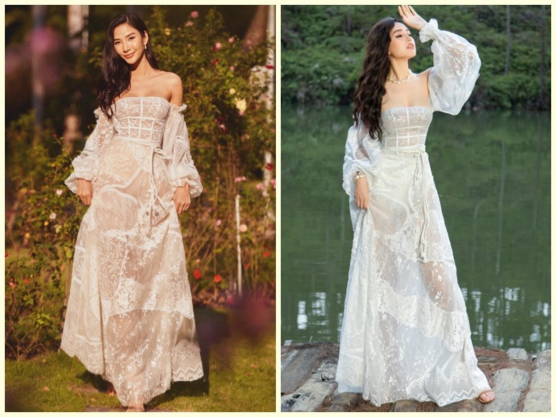 Mai Phương Thúy và Hoàng Thùy cũng từng cùng chọn mẫu váy quây ren trắng. Ảnh: Phụ nữ Việt Nam, FBNV