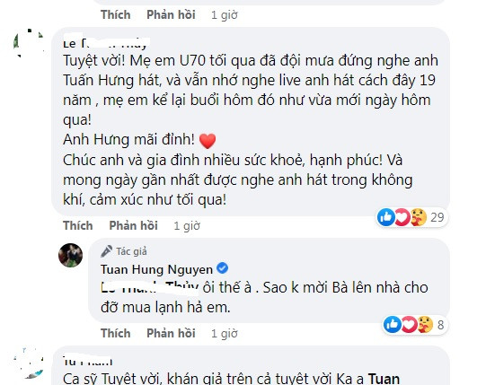 Hàng loạt khán giả đã tán dương Tuấn Hưng với đêm nhạc tuyệt vời. Thậm chí có khán giả ở tuổi U70 vẫn đội mưa xem nam ca sĩ biểu diễn.