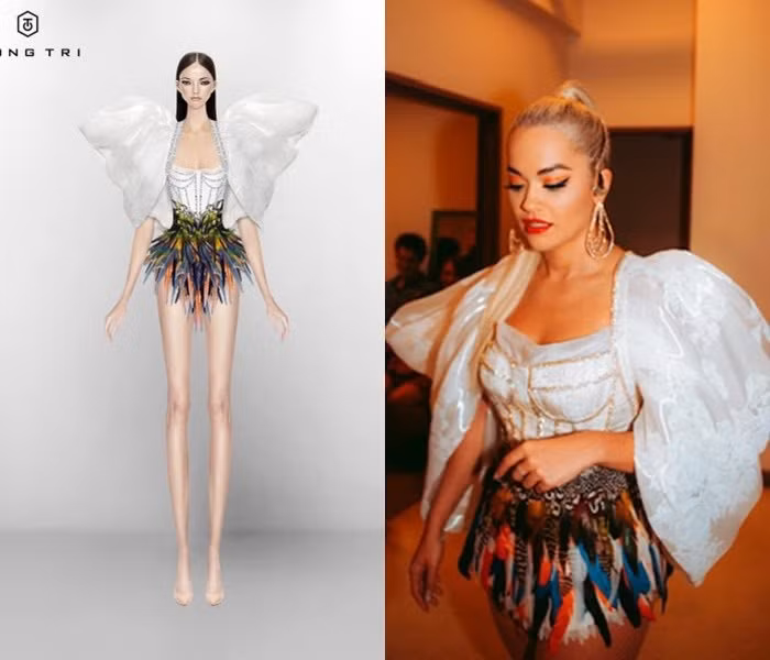 Thiết kế váy lông chim cùng tay bồng lạ mắt lọt vào mắt xanh của nữ ca sĩ Rita Ora.