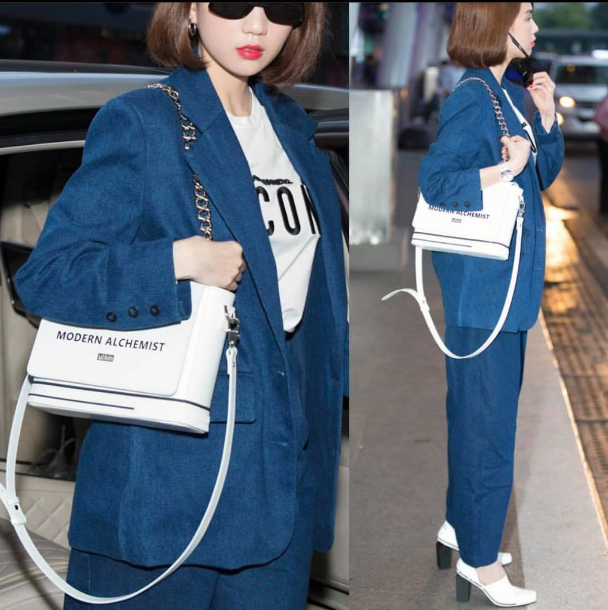 Khi lại chọn màu xanh bắt mắt kết hợp cùng túi xách và giày màu trắng hợp tông màu.