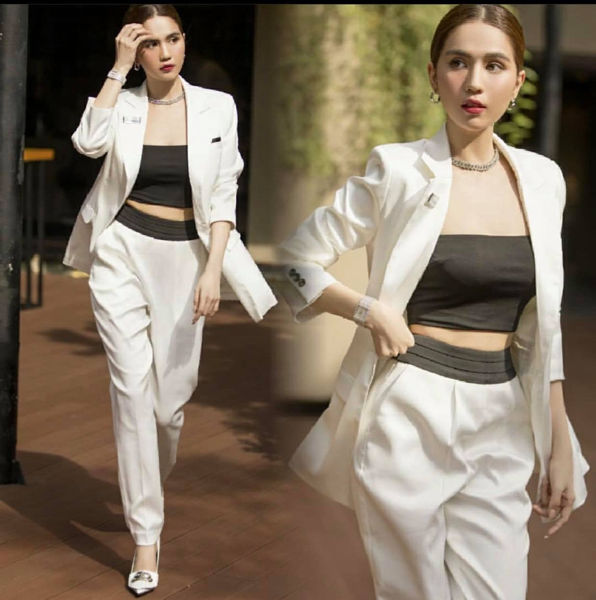 Diện nguyên cây trắng với điểm nhấn là cạp quần đen nổi bật cùng áo hai dây không hề nhàm chán.