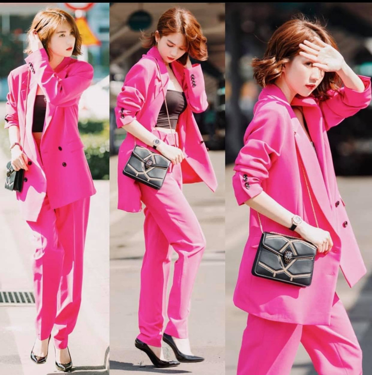 Khi thì chịu chơi diện nguyên cây hồng cực nổi bật.